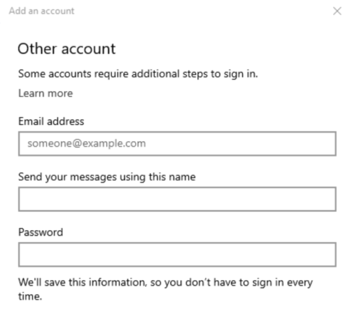 Enter your email address, the name you want displayed on emails you send, and your password.