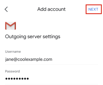 Confirm your Outgoing server settings and tap Next.