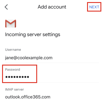 Enter your Microsoft 365 Password, review Outgoing server settings and tap Next.